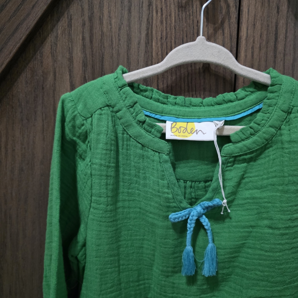 Mini Boden Green Tiered Long-Sleeve Dress with Blue Tassel - Picture 2 of 3